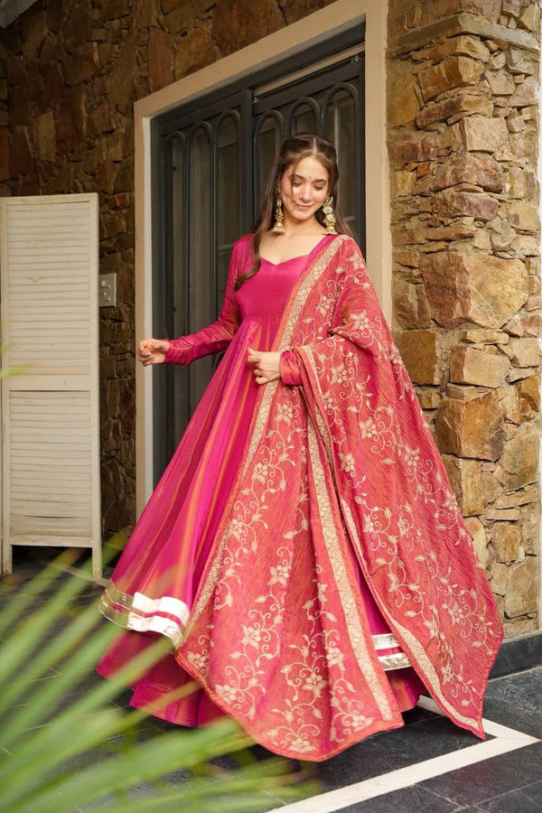 Ethnic Wear Pink Color Gown With Sequence Work Dupatta