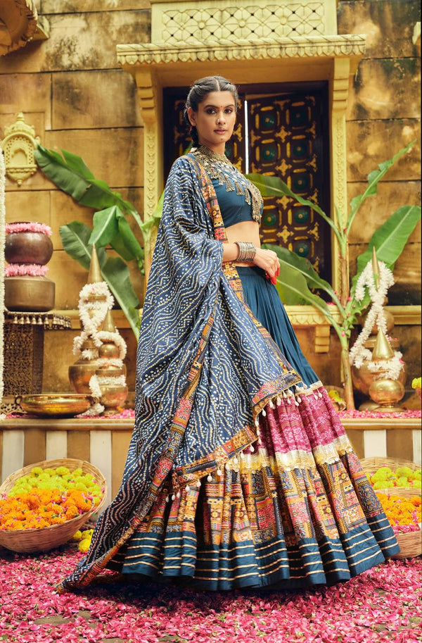 Awesome Teal Blue Rayon With Foil Print Lehenga Choli