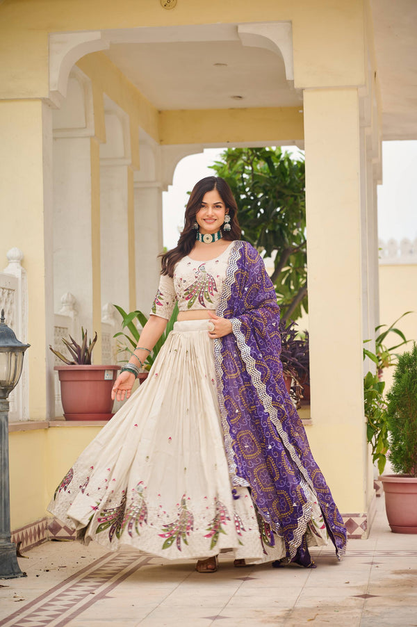 Wonderful Embroidery Work White Color Lehenga With Purple Dupatta