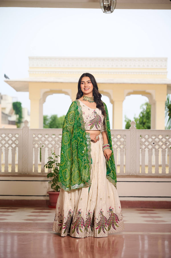 Wonderful Embroidery Work White Color Lehenga With Green Dupatta