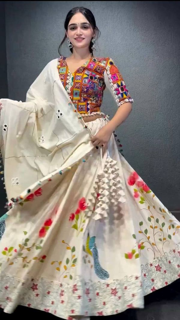 White Color Digital Print With Mirror Work Lehenga Choli