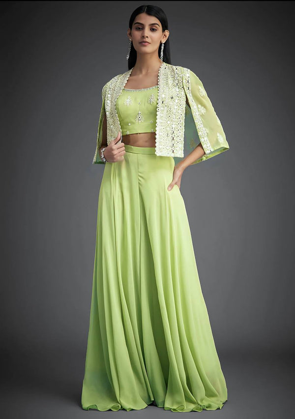 Lovely Pista Georgette Mirror Work Palazzo With Koti