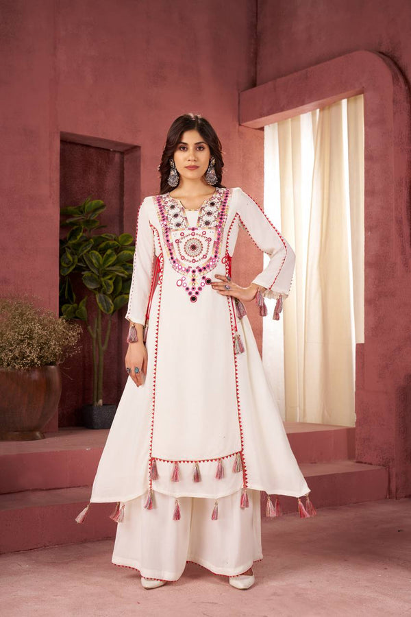 Exclusive White Reyon Thread Work Palazzo Suit