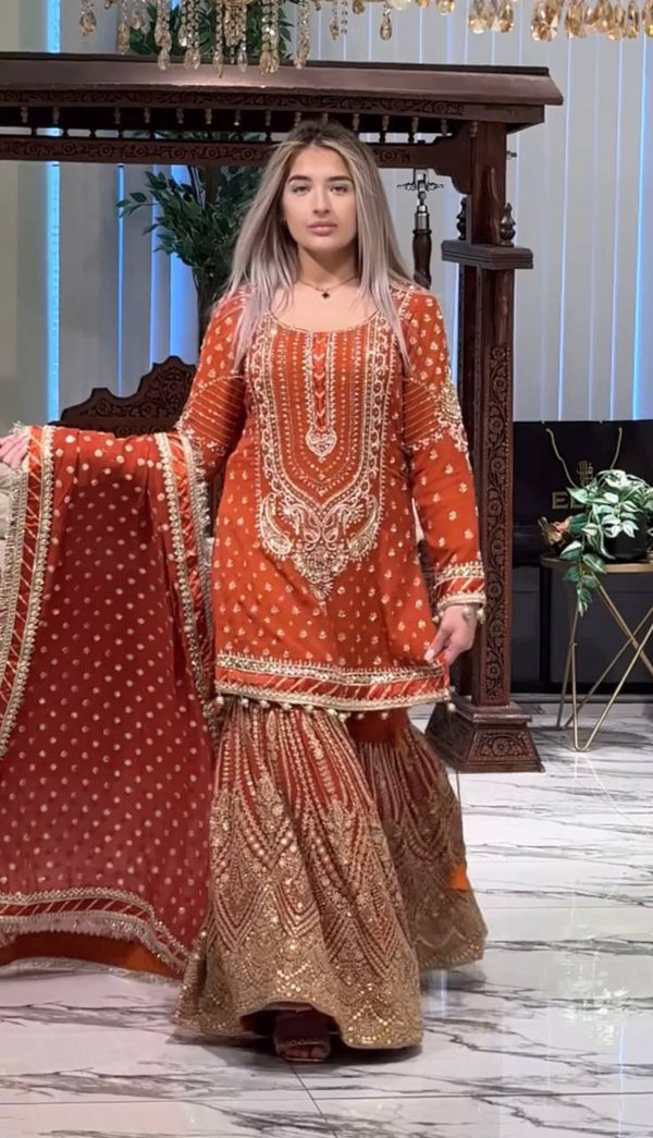 Heavy Embroidered Orange Color Fabulous Sharara Suit