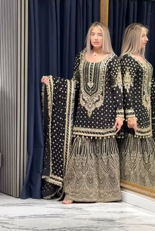 Heavy Embroidered Black Color Fabulous Sharara Suit