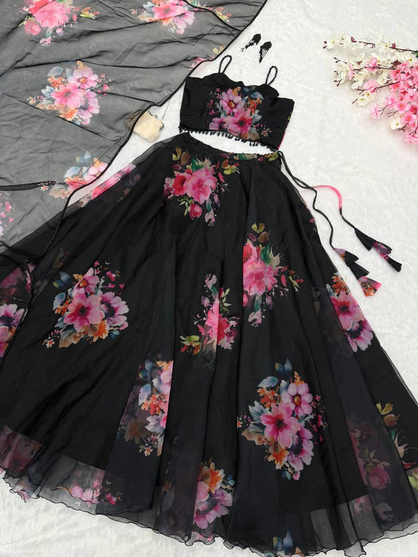 Trendy Black Organza Floral Work Lehenga Choli