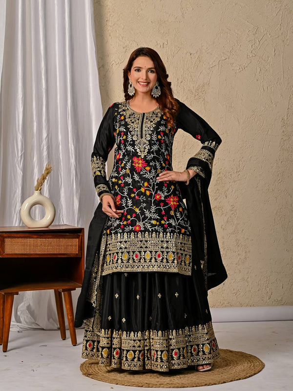 Fully Stitched Sequence Work Black Color Palazzo Suit