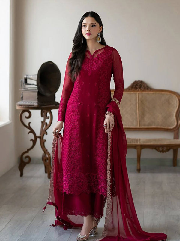 Stylish Maroon Georgette Embroidery Straight Salwar Suit
