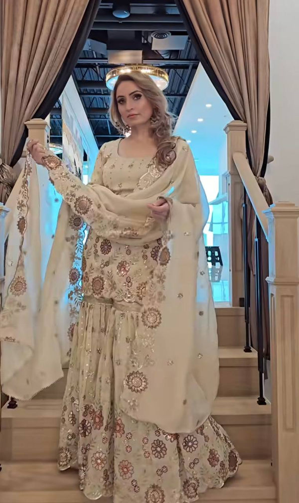 Lovely Cream Chinnon Sequence Work Sharara Suit