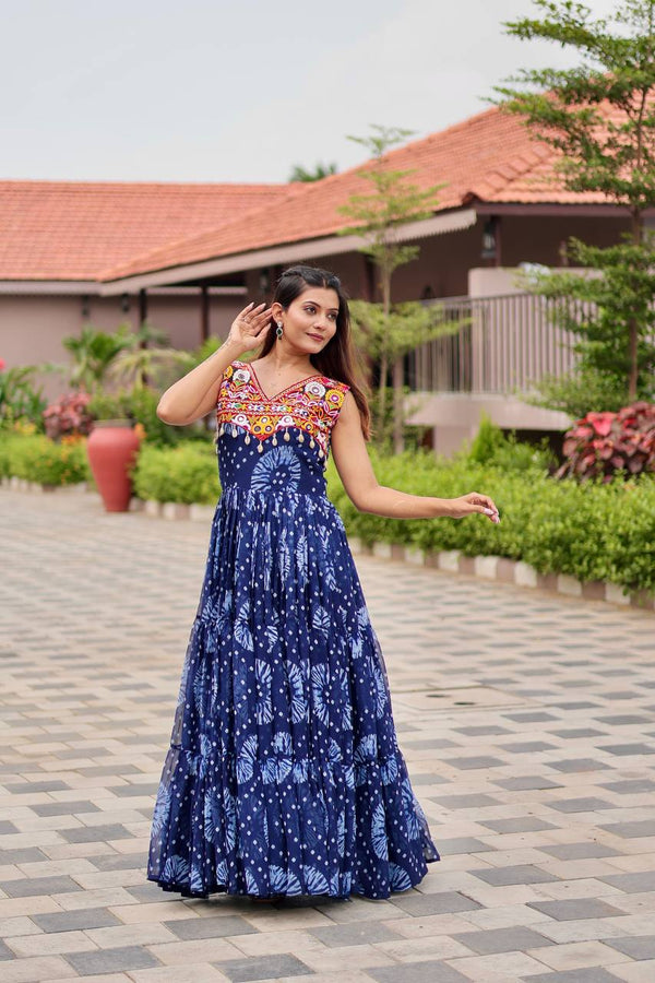 Trendy Blue Georgette Gamthi Work Gown For Navratri