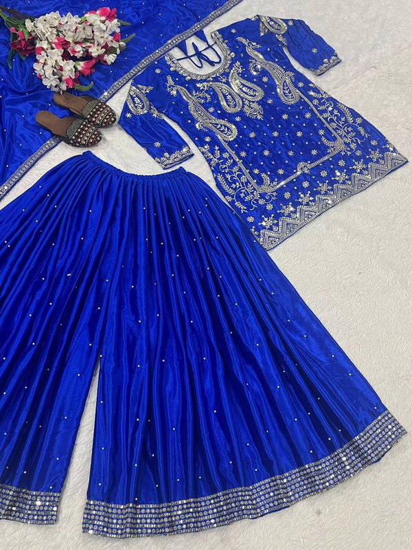 Trendy Blue Chinon Silk Sequence Work Sharara Suit
