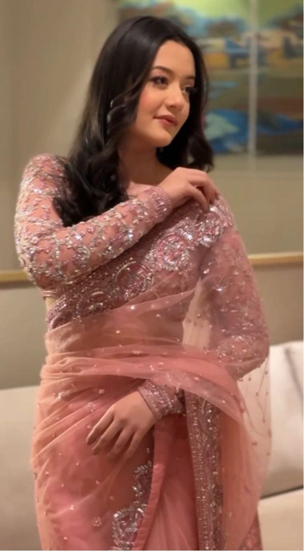 Stylish Pink Net With Embroidery Work Saree