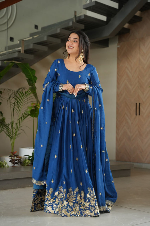 Ravishing Blue Chinnon Zari  Designer Gown