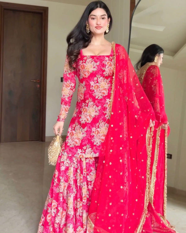 Mesmerizing Pink Georgette Digital Print Sharara Suit