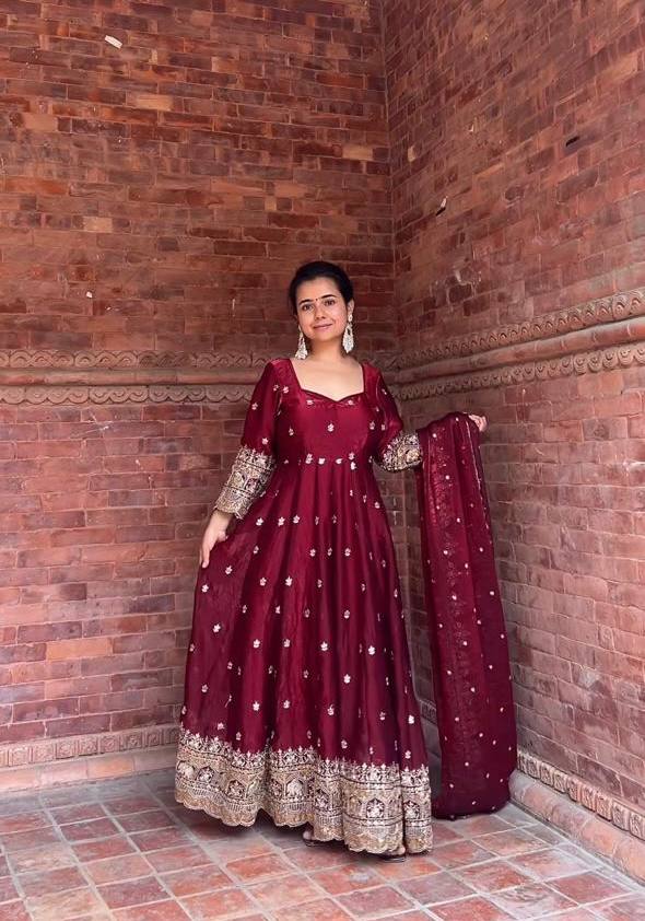 Fancy Maroon Fendy Silk Embroidery Anarkali Suit