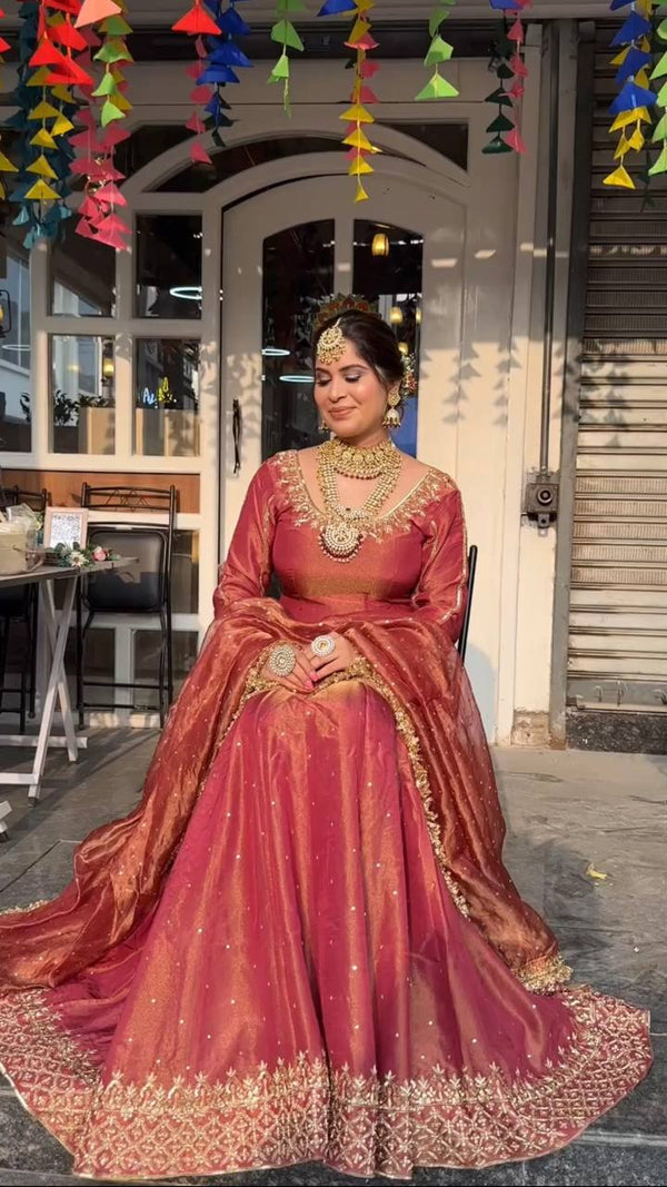 Glorious Red Organza Sequences Work Top WithLehenga
