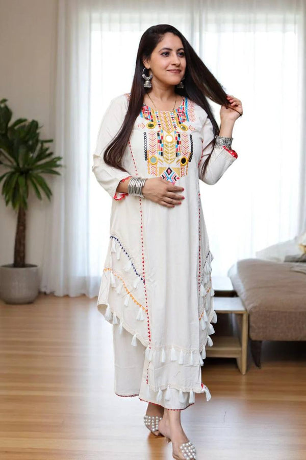 Glorious White Khadi Cotton Embroidery Work Co-ord Set