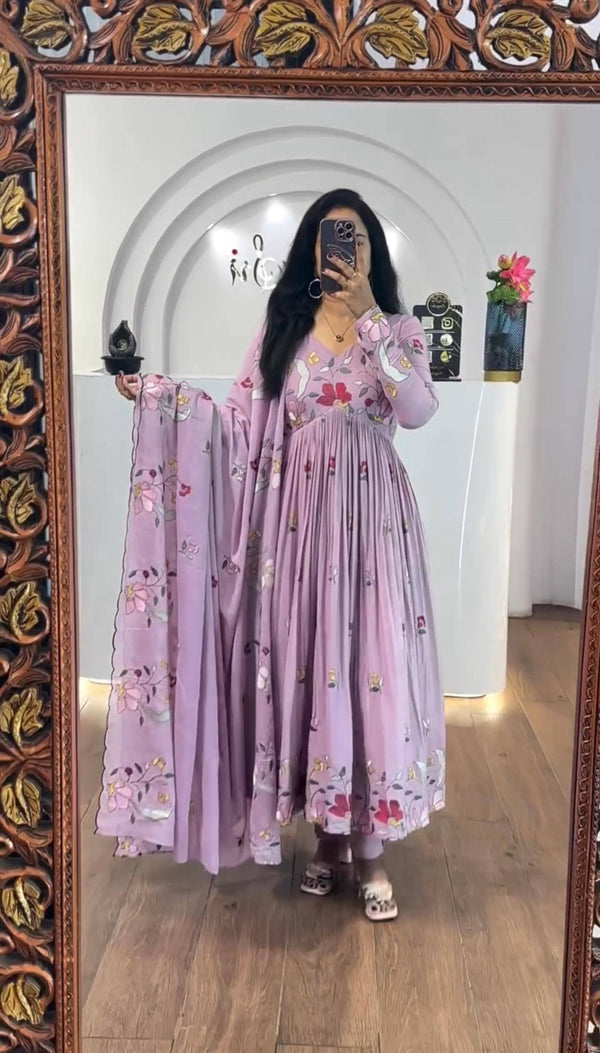 Exotic Lavender Georgette Thread Work Gown