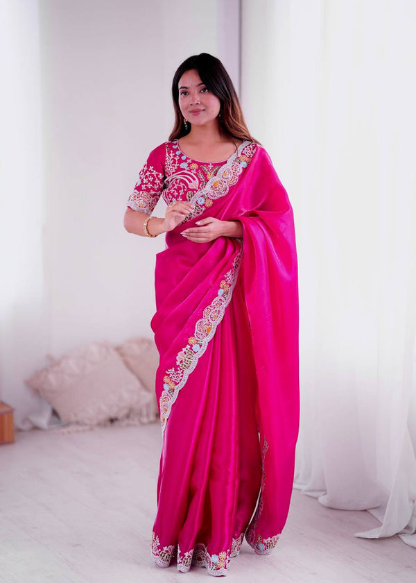 Captivating Pink Jimmy Choo Embroidery Saree