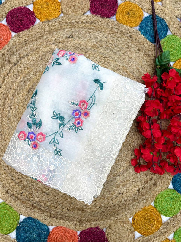 Glimmering Off White Embroidery Work Organza Saree
