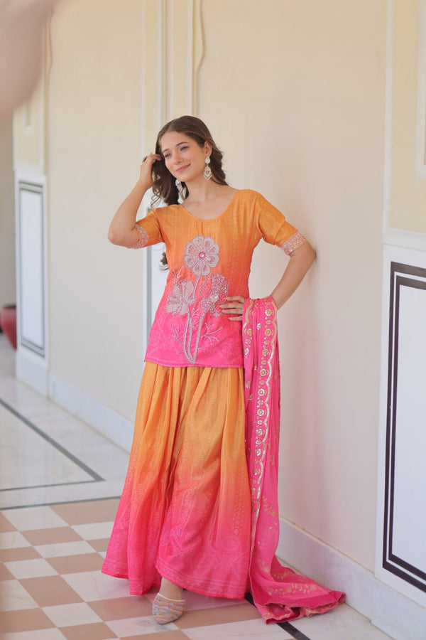 Glorious Pink Chinon Beads Embroidered Sharara Suit