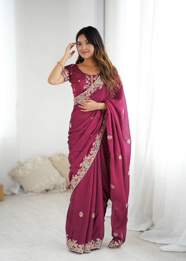 Alluring Wine Color Crush Work Saree For Festival Wear