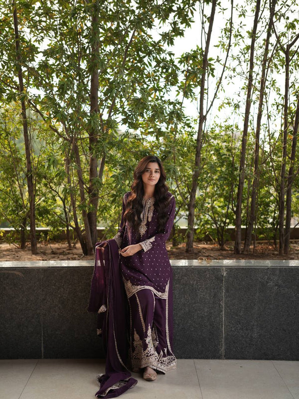 Trendy Wine Georgette Embroidery Sharara Suit