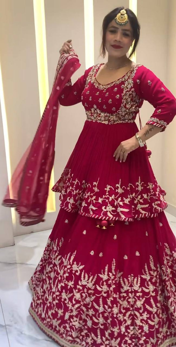Stylish Red Georgette Embroidery Work Top With Lehenga