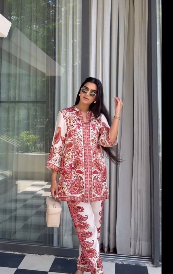 Stylish Red Satin Digital Print Co-ord Set