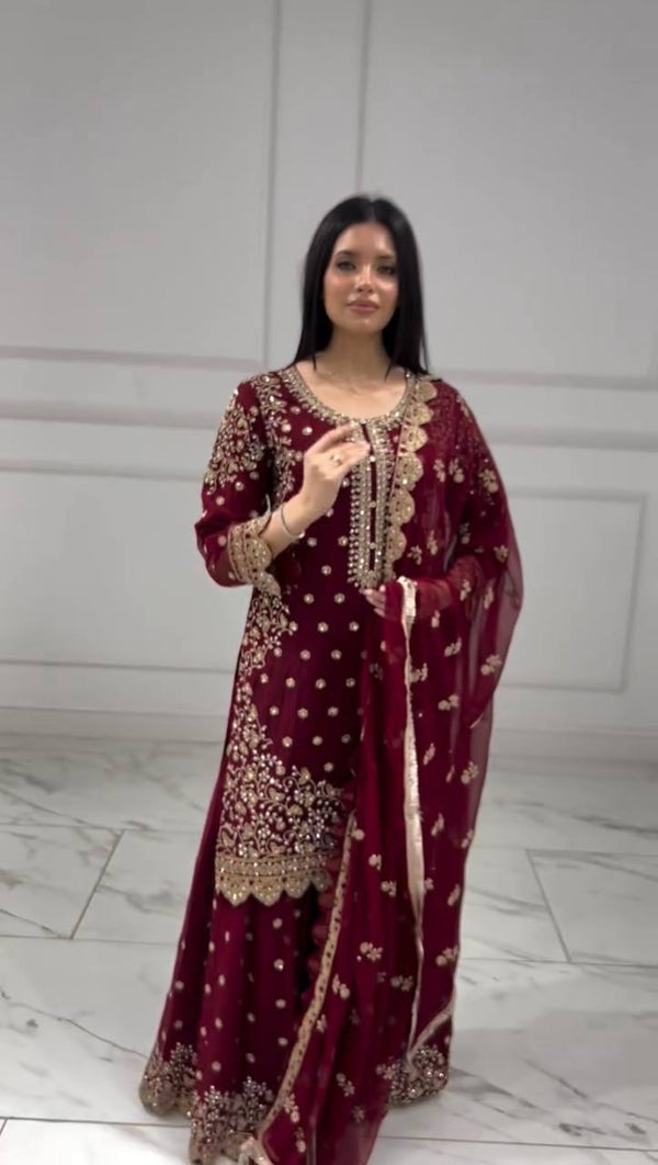 Alluring Maroon Georgette Sequence Work Palazzo Suit
