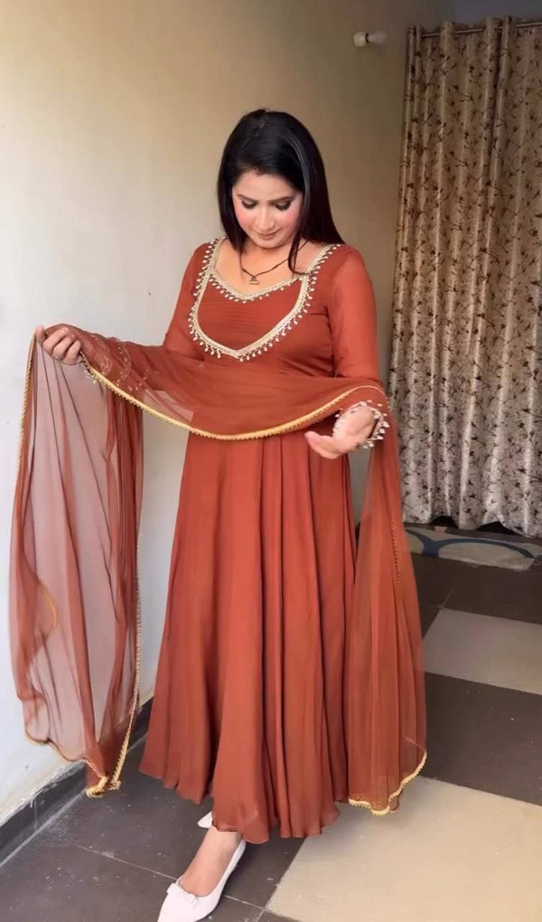 Wonderful Brown Georgette With Moti Work Gown