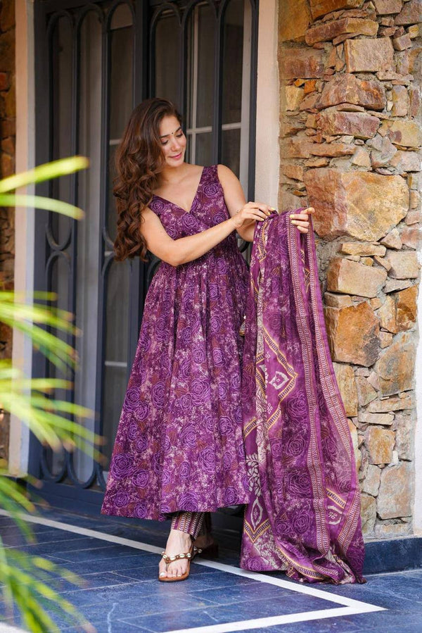 Stylish Purple Cotton Digital Printed Work Anarkali Suit