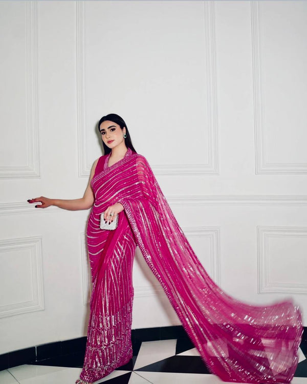 Glorious Pink Georgette Thread Work Saree