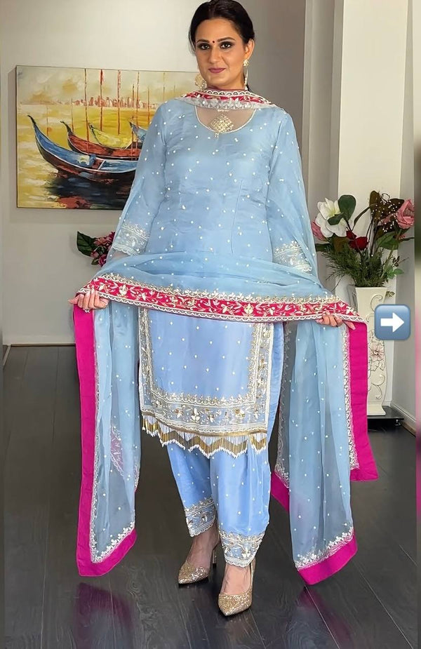 Gorgeous Sky Blue Georgette Embroidered Punjabi Style Salwar Suit