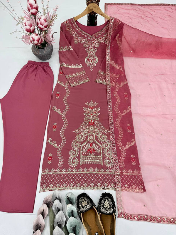 Designer Pink Georgette Embroidery Work Palazzo Suit