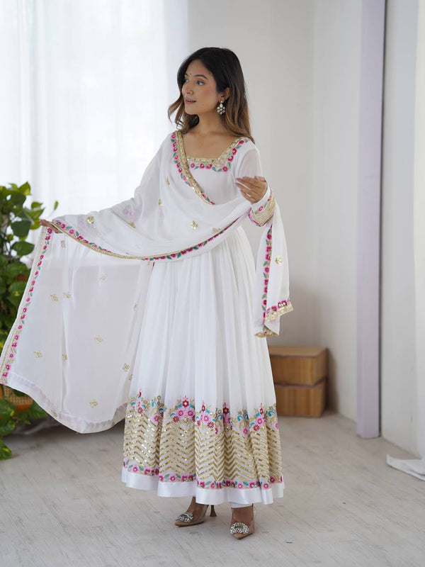 Ravishing White Georgette Embroidery Work Gown