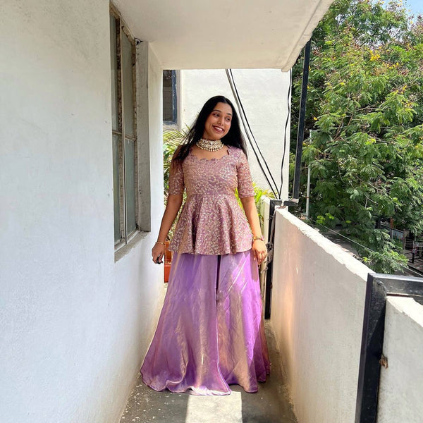 Gorgeous Lavender Crunchy Silk Embroidery Top With Lehenga