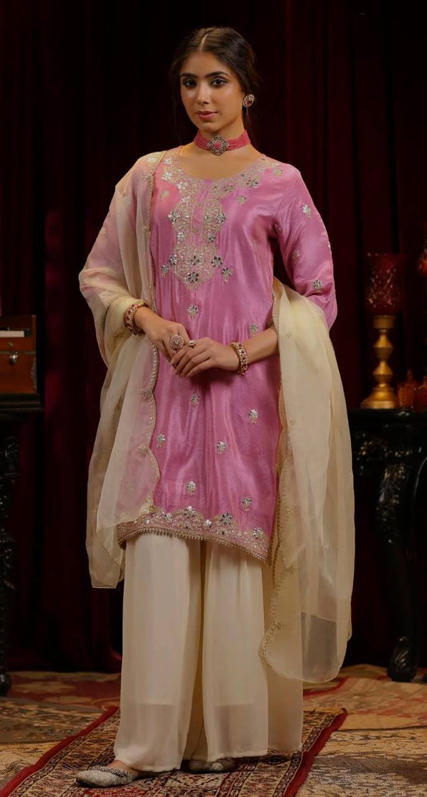 Glorious Pink Chinon Silk Sequence Work Palazzo Suit