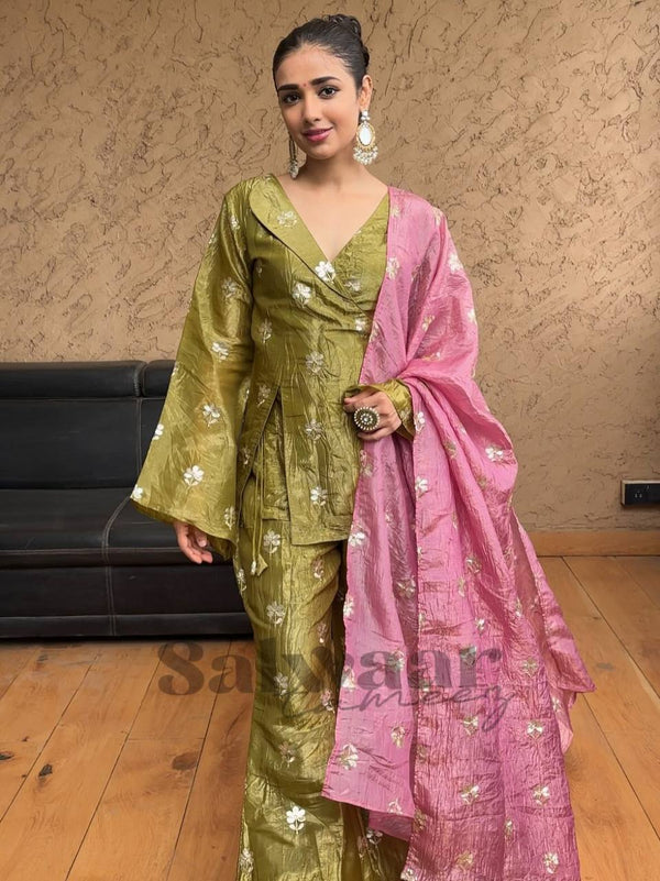 Exotic Olive Green Jimmy Choo Sequence Work Palazzo Suit