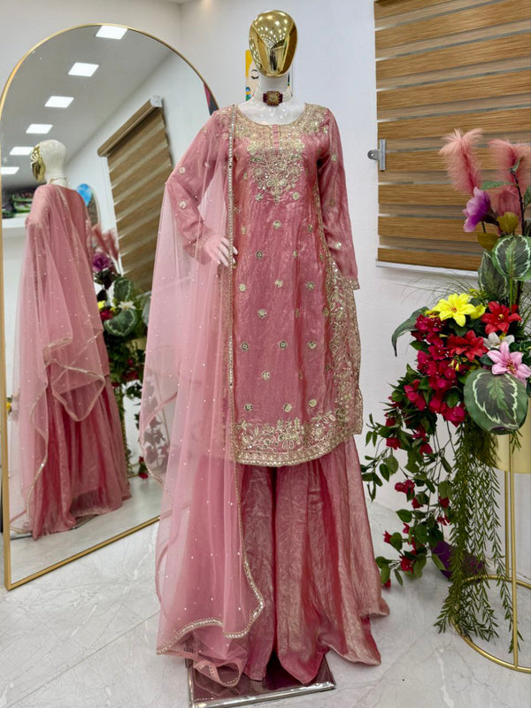 Stylish Pink Fandy Crash Embroidery Work Sharara Suit