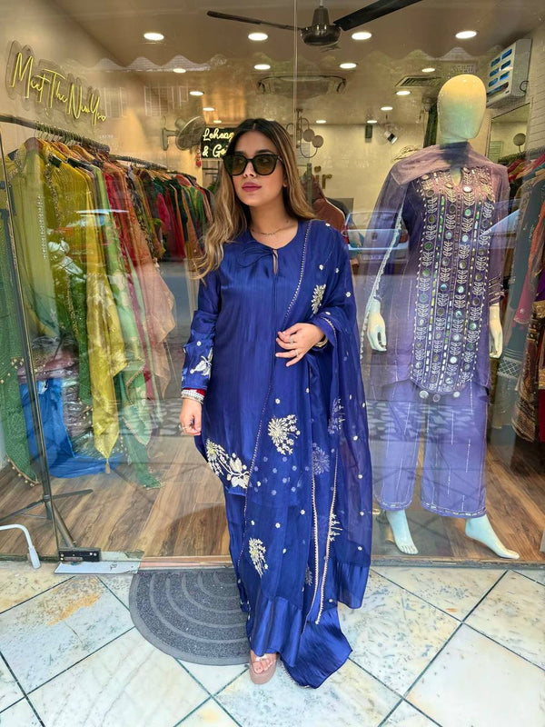 Gorgeous Blue Crepe Silk Sequence Work Palazzo Suit