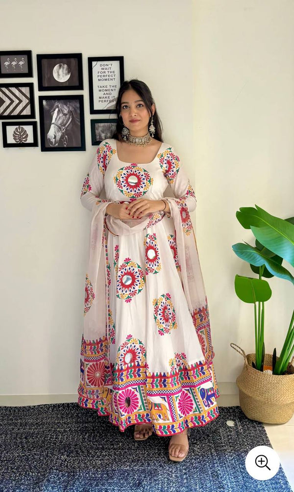 Marvelous White Satin Silk Mirror Work Gown