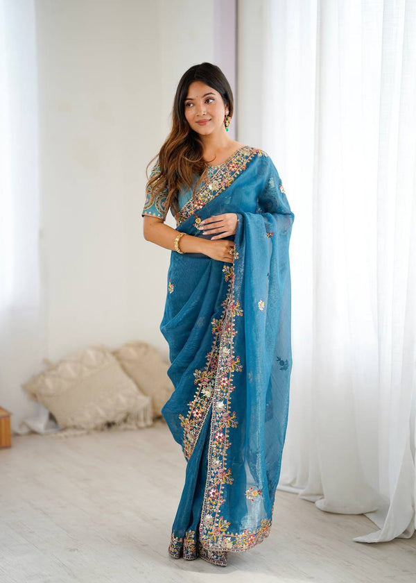 Beautiful Blue Color Embroidery Work Silk Saree
