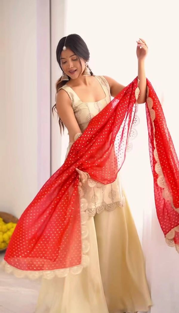 Beautiful Beige Crepe Silk Sequence Work Palazzo Suit