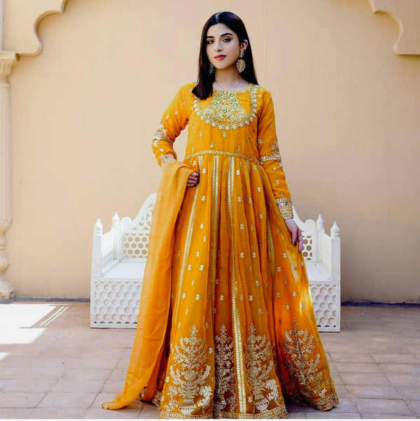 Awesome Yellow Georgette Sequence Work Designer Gown
