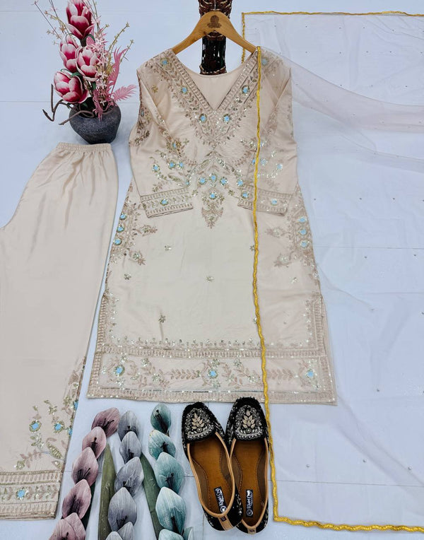 Exotic Beige Silk Embroidery Work Palazzo Suit