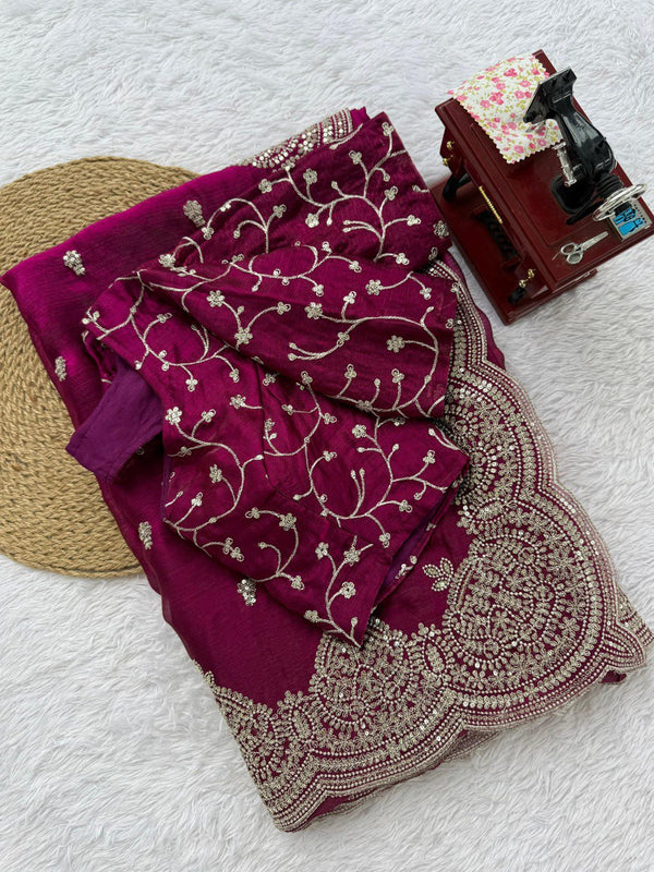 Ravishing Wine Chiffon Thread Work Saree