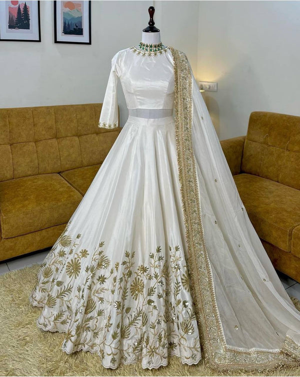 Glorious White Silk Zari Work Lehenga Choli