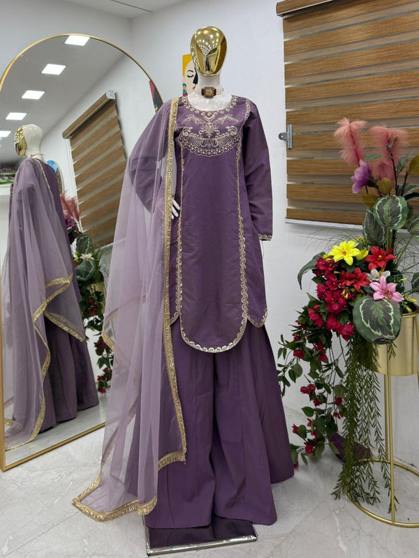 Ravishing Lavender Roman Simar Silk Sequence Embroidery Sharara Suit