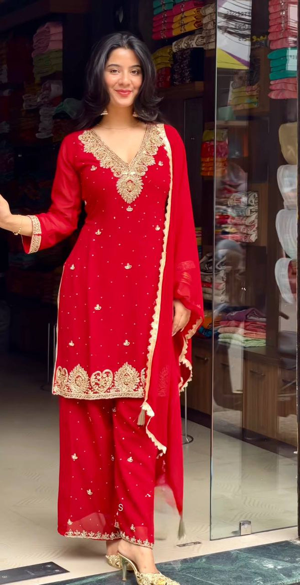 Designer Red Georgette Sequence Work Palazzo Suit